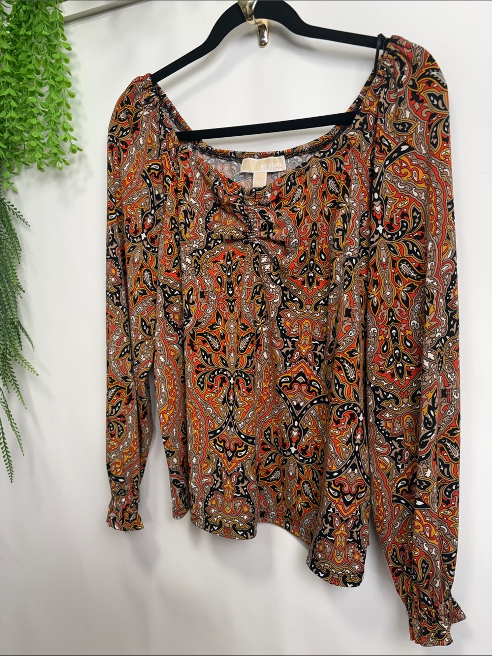 MICHAEL Michael Kors Paisley Scoop-Neck Blouse in Orange, Brown and Black